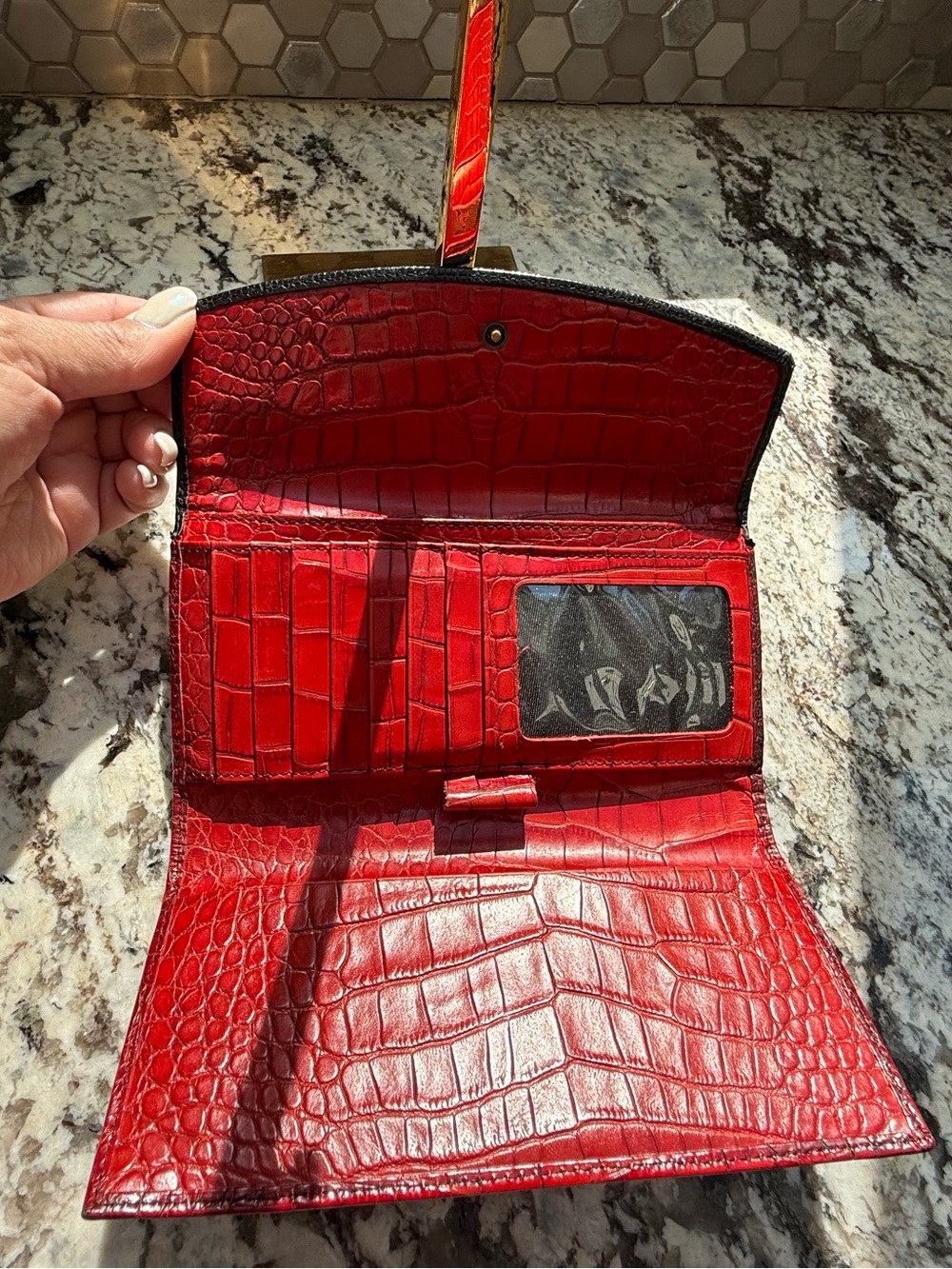 Red Croc-Embossed Clutch with Tiger Print Flap - Picture 6 of 9